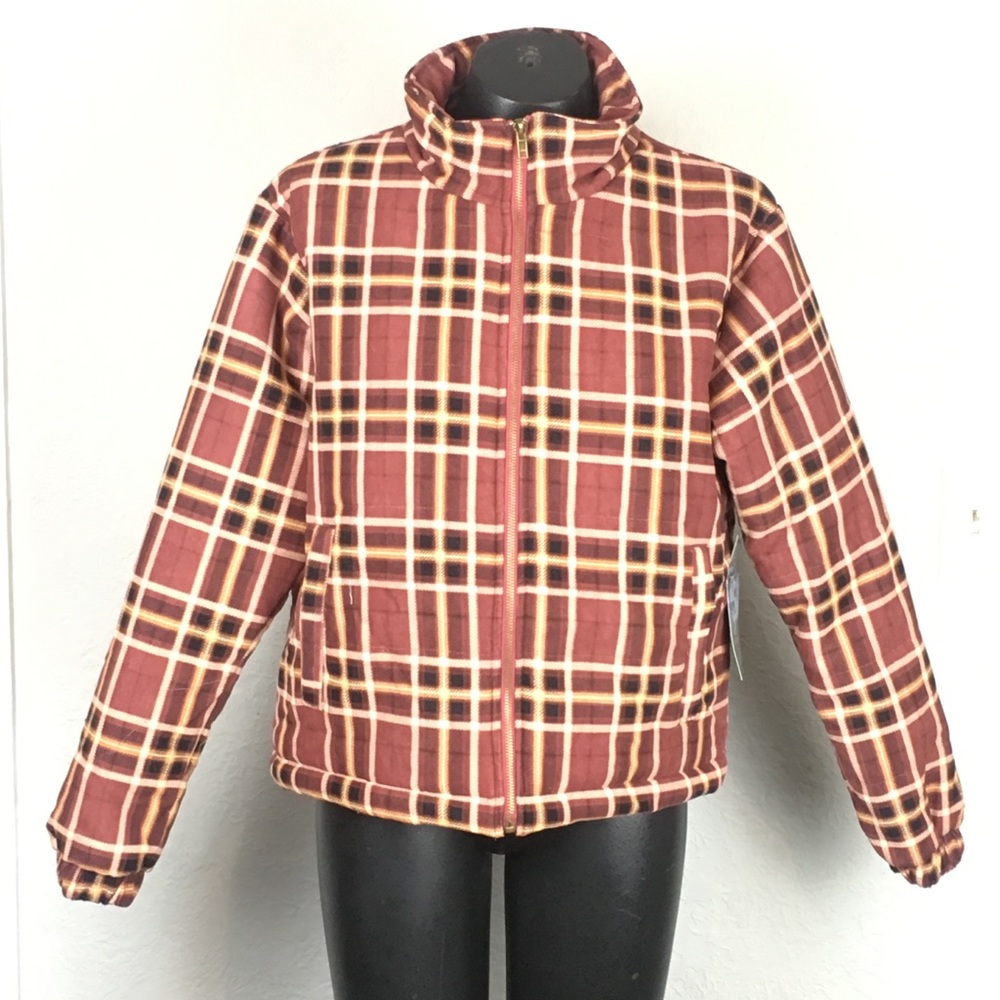 NWT This & More Puff Plaid Jacket Retro 70's Inspired Brick White Yellow Medium